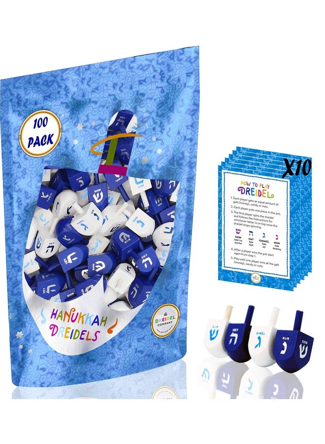 The Dreidel Company The Dreidel Company 100 Solid Blue & White Hand Painted Wooden Hanukkah Dreidels with English Transliteration - Includes Detailed 3 Game Instruction Cards- (100-Pack) - Image 1