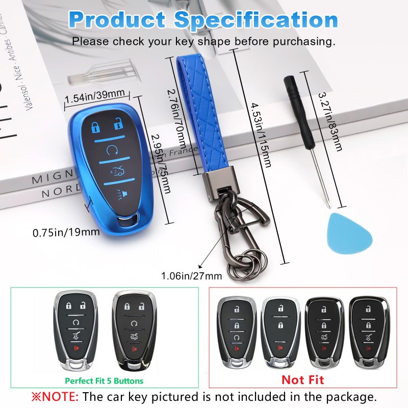 PIFOOG Key Fob Cover for Chevy 5 Button Blue Soft TPU Car Keys Case Shell Keychain Accessories for Malibu Equinox Blazer Traverse Camaro Cruze Trax LT Trailblazer Spark Smart Keys - Image 2