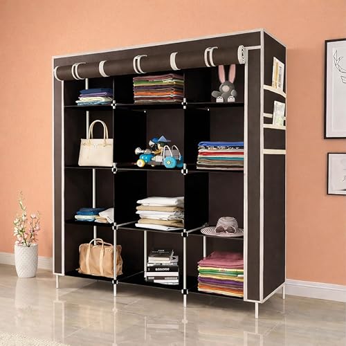 Whitecloud TRANSFORMING HOMES® 12-Shelf Collapsible Wardrobe | Foldable Fabric Almirah with Clothes Racks & Storage Organizer | Brown (88350) - Image 1