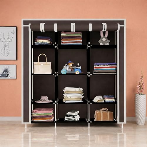 Whitecloud TRANSFORMING HOMES® 12-Shelf Collapsible Wardrobe | Foldable Fabric Almirah with Clothes Racks & Storage Organizer | Brown (88350) - Image 2