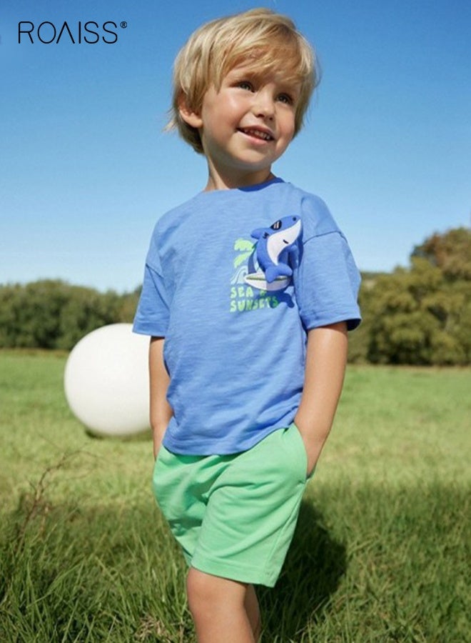 roaiss Little Boy T-Shirt and Shorts Set, Stylish 2-Piece Outfit for Toddler Boys, Summer Cotton Outfit with Short Sleeve Top and Solid Shorts, Perfect for Daily Wear or Various Occasions - Image 2