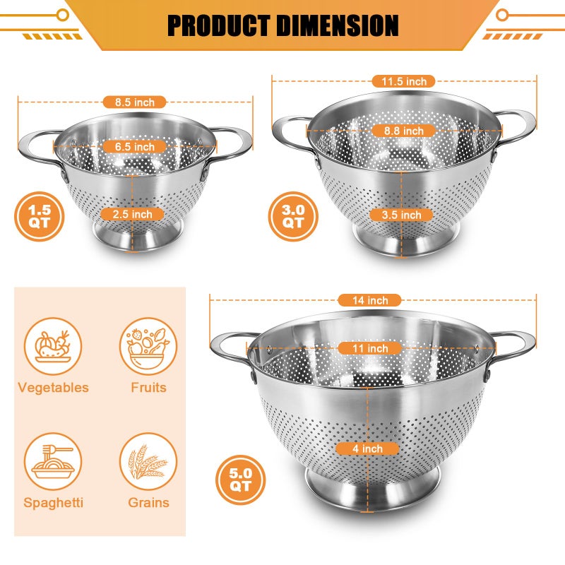 EWFEN Stainless Steel Colander Set of 3 (1.5-3-5Quart) | Durable Rice and Pasta Strainer with Handle | Oversized Handles | Nesting Design | Rust-Resistant & Dishwasher Safe - Image 2