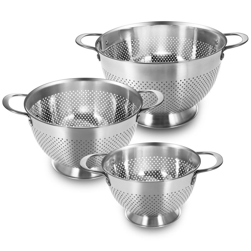 EWFEN Stainless Steel Colander Set of 3 (1.5-3-5Quart) | Durable Rice and Pasta Strainer with Handle | Oversized Handles | Nesting Design | Rust-Resistant & Dishwasher Safe - Image 1