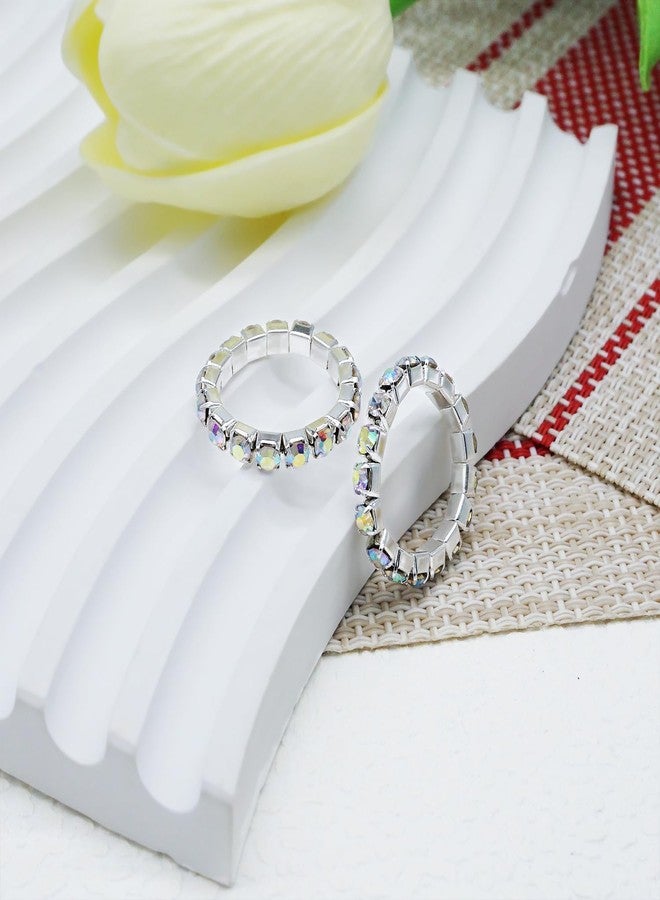 JSEA 10pcs Rhinestone Stretch Rings Set Silver Gold 1/2 Row Clear Rhinestone Elastic Finger Ring Fashion Jewelry Rings (AB 1) - Image 2