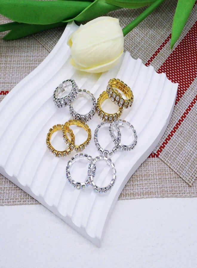 JSEA 10pcs Rhinestone Stretch Rings Set Silver Gold 1/2 Row Clear Rhinestone Elastic Finger Ring Fashion Jewelry Rings (AB 1) - Image 3