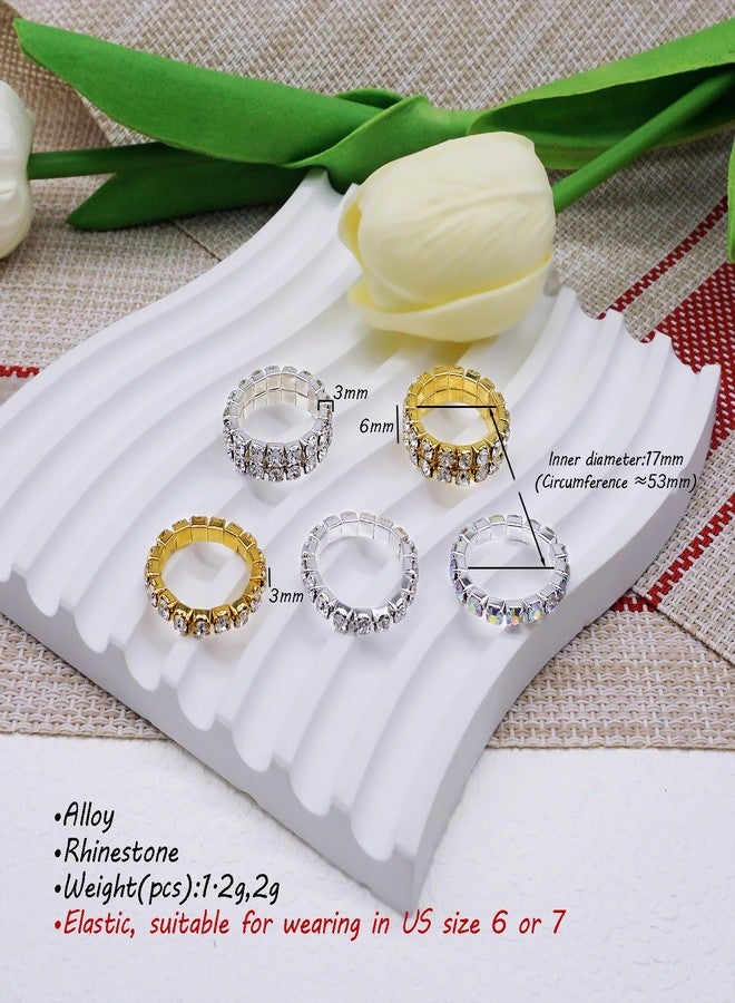 JSEA 10pcs Rhinestone Stretch Rings Set Silver Gold 1/2 Row Clear Rhinestone Elastic Finger Ring Fashion Jewelry Rings (AB 1) - Image 4
