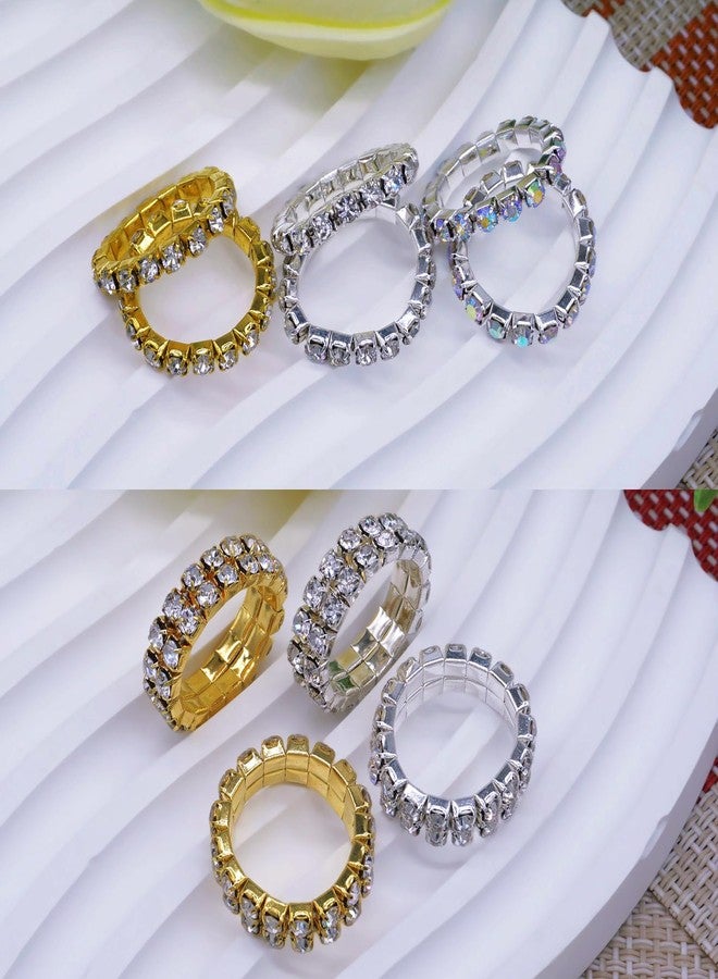 JSEA 10pcs Rhinestone Stretch Rings Set Silver Gold 1/2 Row Clear Rhinestone Elastic Finger Ring Fashion Jewelry Rings (AB 1) - Image 5