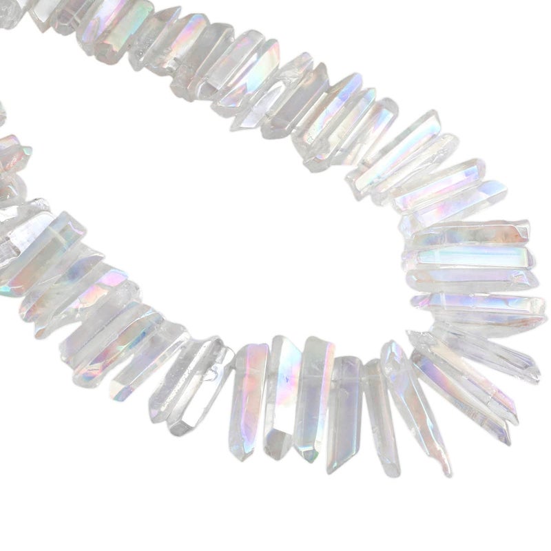 mookaitedecor Titanium Coated Rock Crystal Quartz Crystal Points Loose Beads Sticks Spikes Top Drilled 15 inches Strand