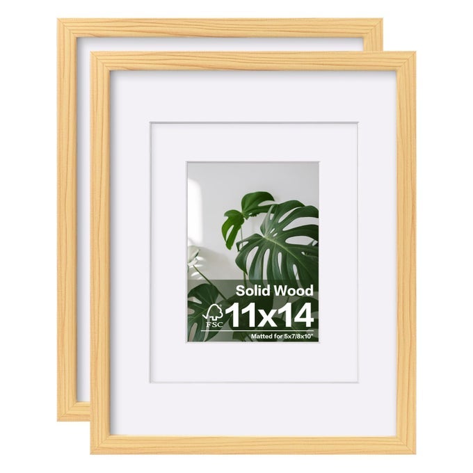 11X14 PICTURE FRAMES NATURAL WOOD 2 PCS MADE OF SOLID WOOD COVERED BY PLEXIGLASS FOR TABLE TOP AND WALL MOUNTING FOR PICTURES 8X10 OR 5X7 WITH MAT HORIZONTALLY OR VERTICALLY DISPLAY PHOTO