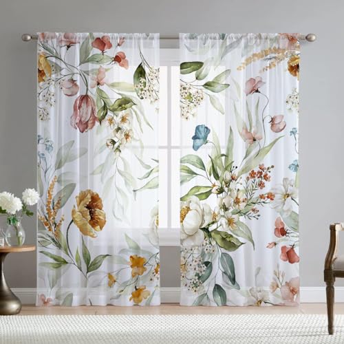 Fereyis Floral Sheer Curtains for Living Room 84 inch Length 2 Panels Set Elegant Yellow Flower Spring Printed Window Curtain Chiffon Drapes for Bedroom - Image 1