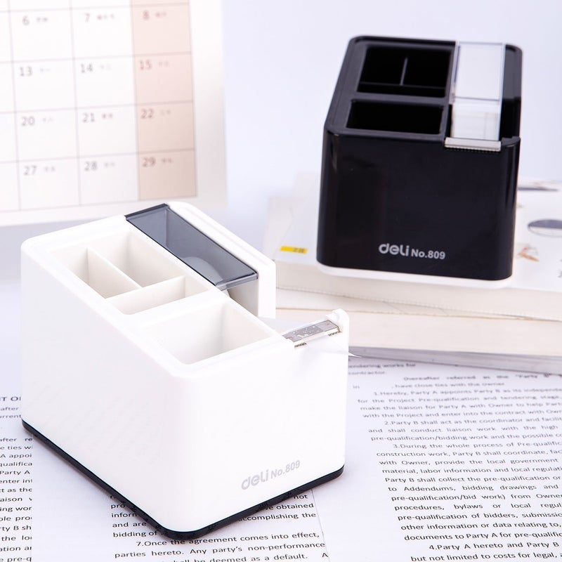 Deli Tape Dispenser with Storage Compartments for Desk Use One Hand Operation - Black - Image 4