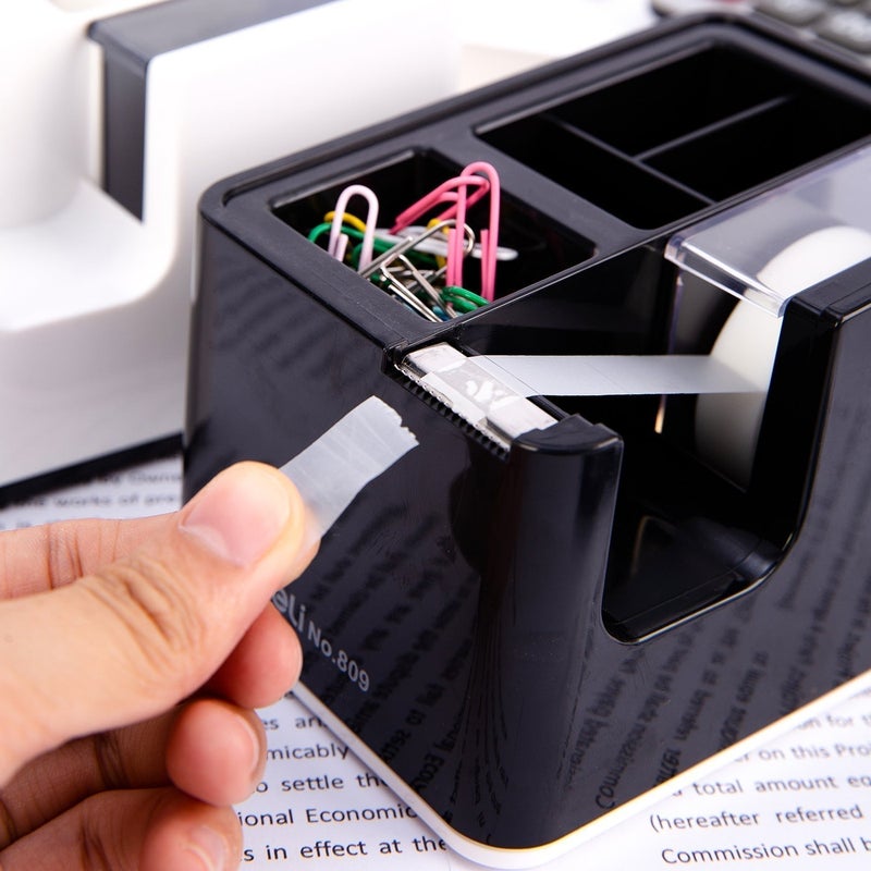 Deli Tape Dispenser with Storage Compartments for Desk Use One Hand Operation - Black - Image 3