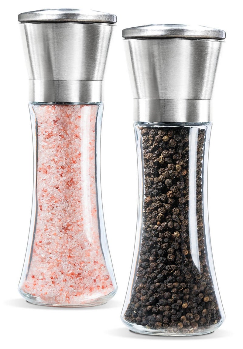 Levav Premium Salt and Pepper Grinder Set of 2 Brushed Stainless Steel Pepper Mill and Salt Mil Glass Body Size Grade adjustable ceramic rotorsalt and pepper shakers tall
