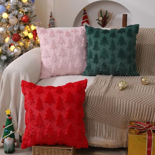 DFXSZ Christmas Tree Pillow Covers 18x18 inch Set of 2 Christmas Decoration Red Soft Plush Faux Fur Jacquard Throw Pillows for Bedroom Sofa Holiday Festivals Winter Home Decor PTK006B18 - Image 3