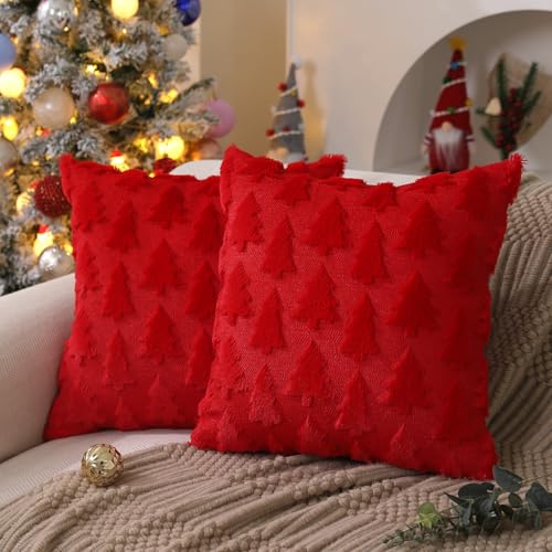 DFXSZ Christmas Tree Pillow Covers 18x18 inch Set of 2 Christmas Decoration Red Soft Plush Faux Fur Jacquard Throw Pillows for Bedroom Sofa Holiday Festivals Winter Home Decor PTK006B18 - Image 1