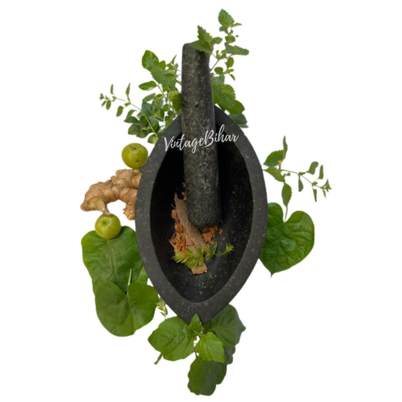 VintageBihar Tamda Stone Mortar and Pestle Set Boat Shape Khalbatta for Kitchen Traditional Grinder for Spices Chutneys and Herbal Pastes Length 7 Inch - Image 3