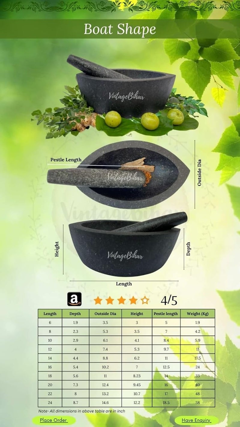 VintageBihar Tamda Stone Mortar and Pestle Set Boat Shape Khalbatta for Kitchen Traditional Grinder for Spices Chutneys and Herbal Pastes Length 7 Inch - Image 5