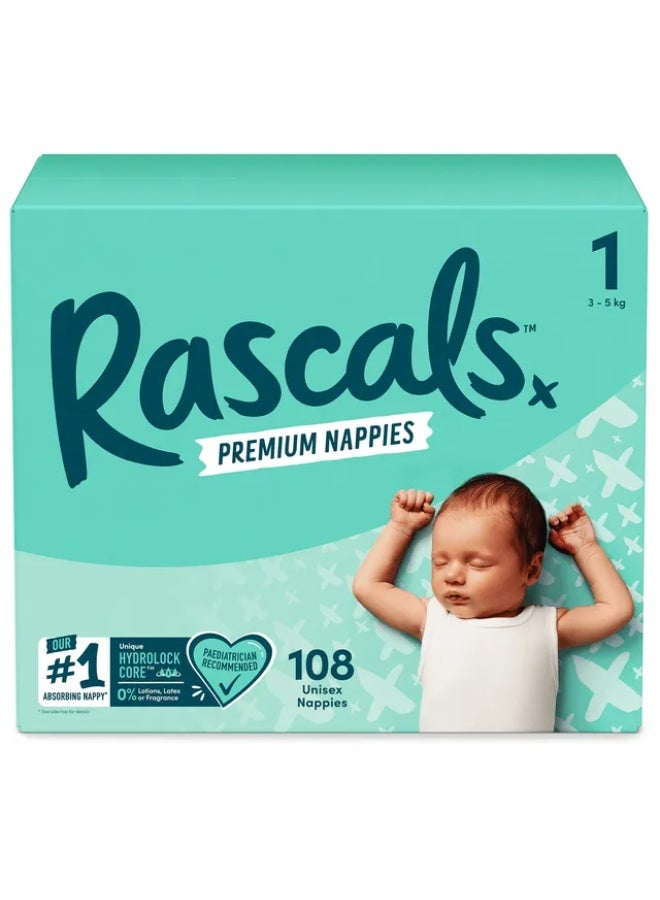 Rascals - Premium Baby Diapers Jumbo Box - Size 1 - 3-5 kg - 108 Pcs