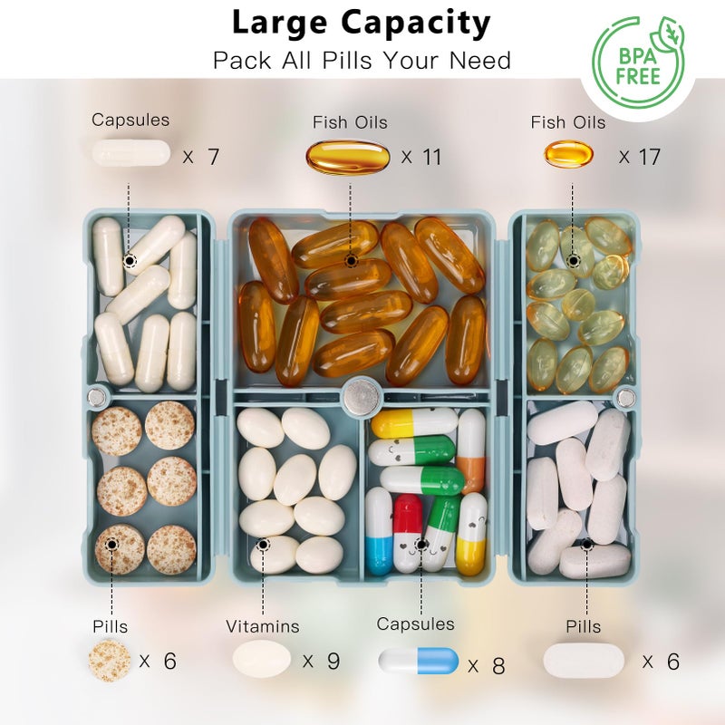 FYY Daily Pill Organizer, 7 Compartments Portable Travel Pill Case, [Folding Design] for Purse Pocket to Hold Vitamins,Cod Liver Oil,Supplements and Medication-Blue - Image 2