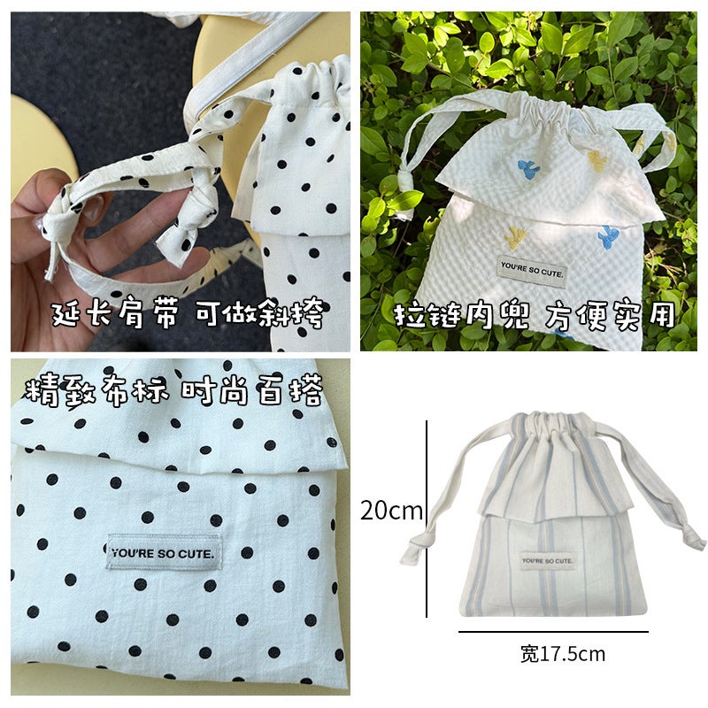 Summer Bow Polka Dot Lace Fungus Crossbody Drawstring Dual-Purpose Bag Fashionable And Versatile Walking Bag - Image 5