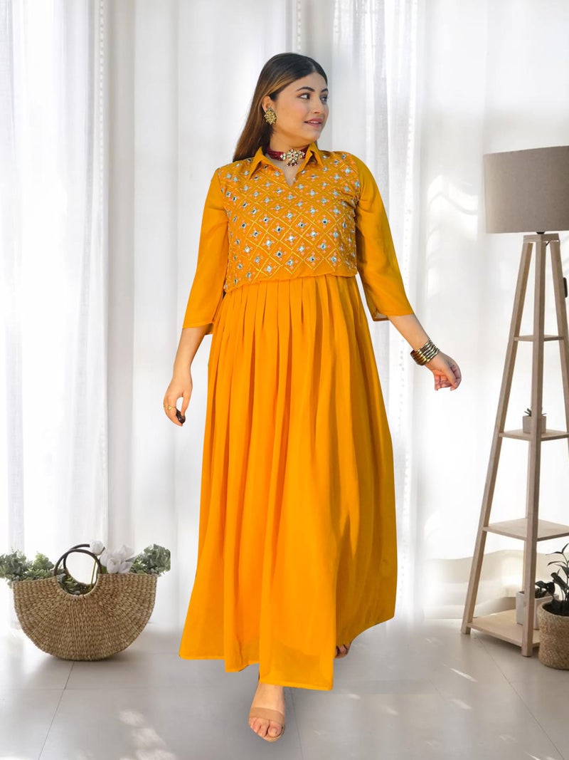 EthnicJunction Women's Georgette Regular Fit Yoke Embroidery Anarkali Maxi Dress Mustard - Image 5