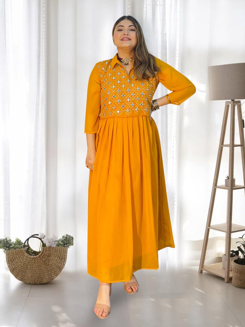 EthnicJunction Women's Georgette Regular Fit Yoke Embroidery Anarkali Maxi Dress Mustard - Image 2