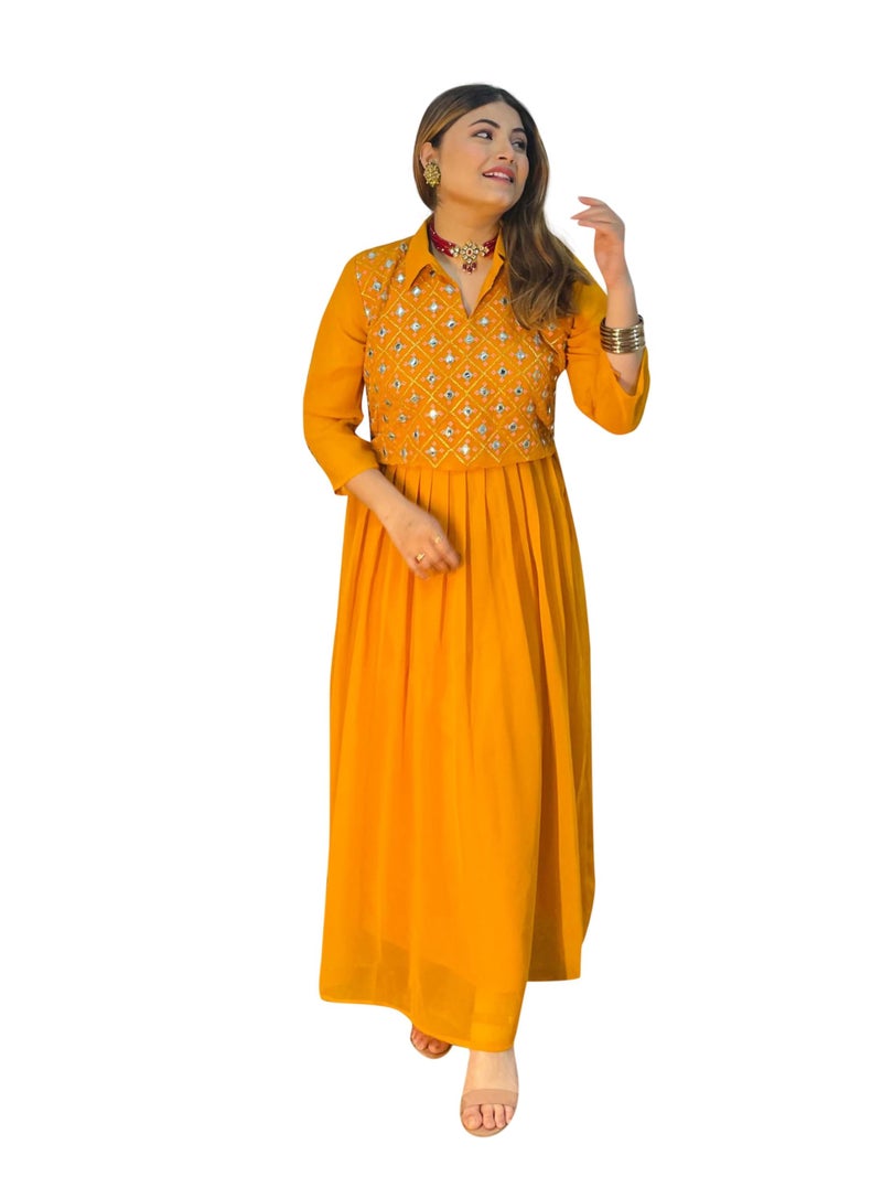 EthnicJunction Women's Georgette Regular Fit Yoke Embroidery Anarkali Maxi Dress Mustard - Image 1
