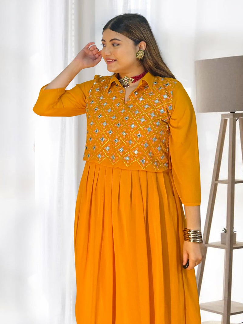 EthnicJunction Women's Georgette Regular Fit Yoke Embroidery Anarkali Maxi Dress Mustard - Image 4
