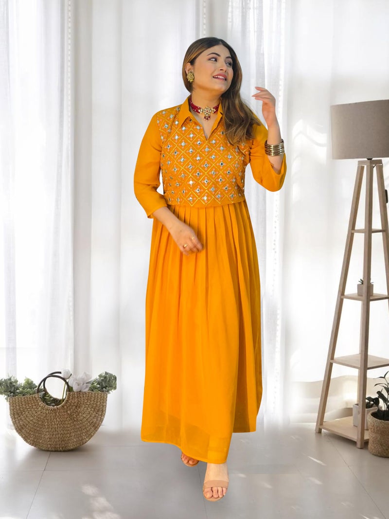 EthnicJunction Women's Georgette Regular Fit Yoke Embroidery Anarkali Maxi Dress Mustard - Image 3