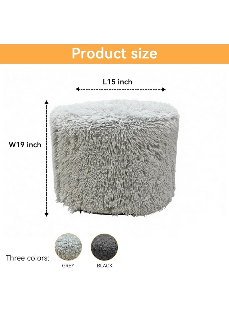 Pouf Ottoman Foot Rest, Pre-Stuffed Round Foot Stool with Odorless Shredded Memory Foam, Furry & Fluffy Corduroy Footrest for Living Room, grey - Image 2