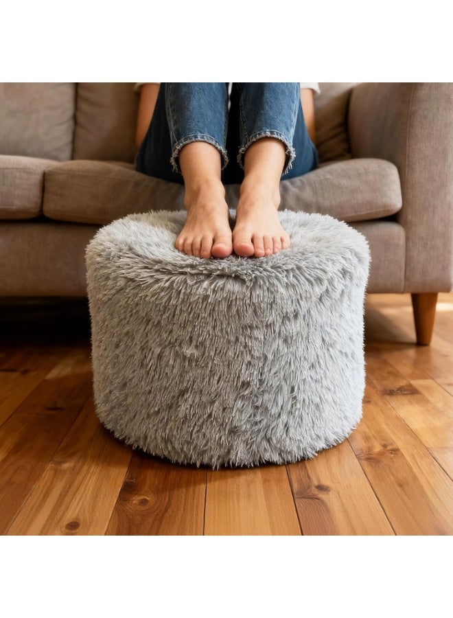 Pouf Ottoman Foot Rest, Pre-Stuffed Round Foot Stool with Odorless Shredded Memory Foam, Furry & Fluffy Corduroy Footrest for Living Room, grey - Image 1