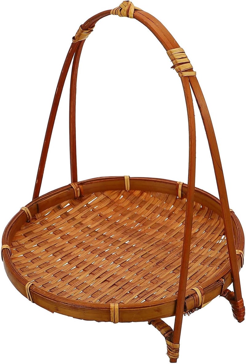 Lurrose Woven Basket with Handle, Dark round Single-layer Snack Storage Basket for Fruit and Bread, Handmade Kitchen Serving Organizer for Home and Picnic - Image 1