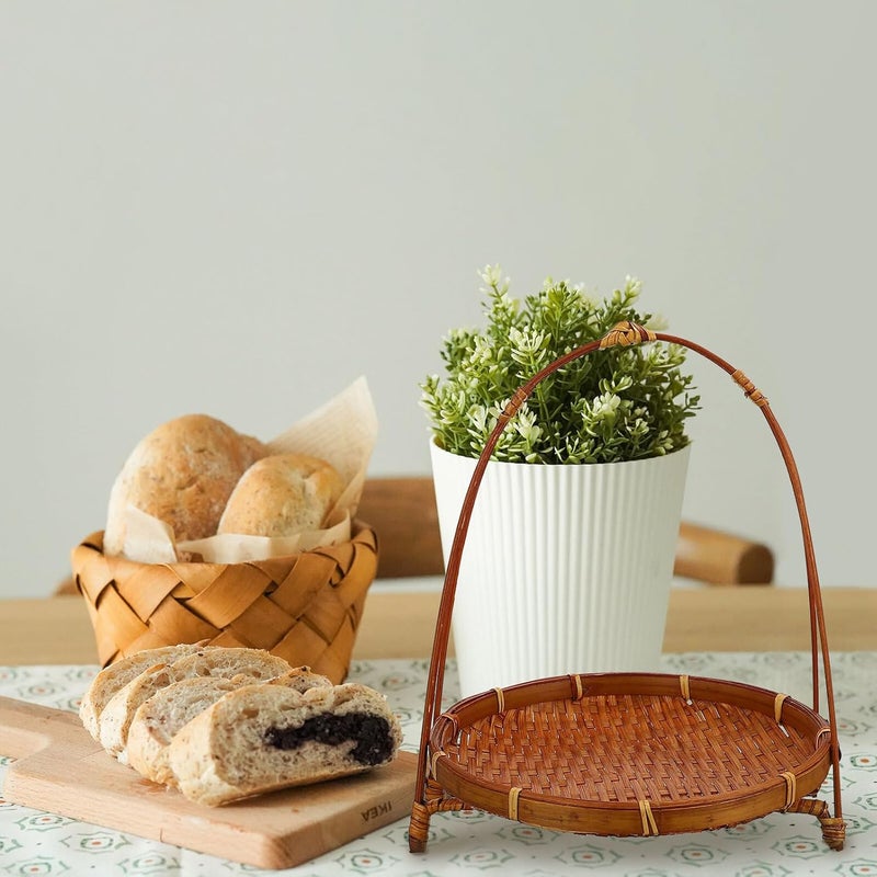 Lurrose Woven Basket with Handle, Dark round Single-layer Snack Storage Basket for Fruit and Bread, Handmade Kitchen Serving Organizer for Home and Picnic - Image 5