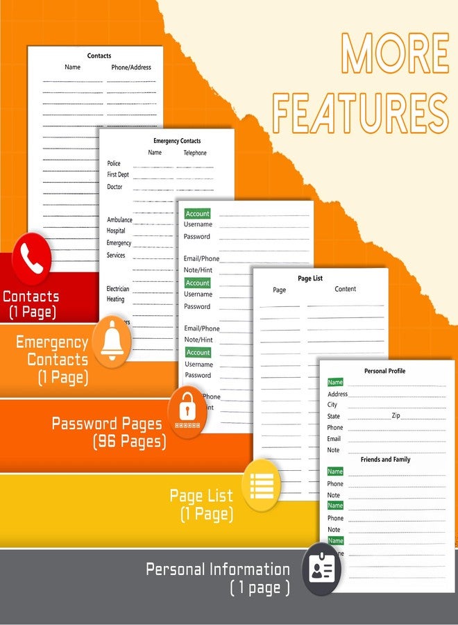 BLESWIN Password Keeper with Alphabetical Tabs, Internet Password Organizer for Contacts, Websitesm Special Days and Notes - 6'' x5.1'', Orange - Image 2