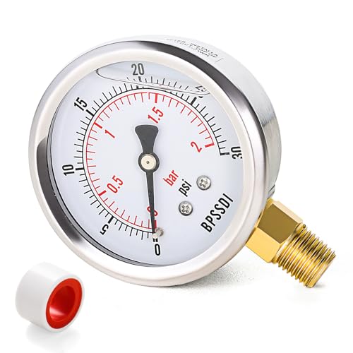 BPSSDI 0-30 Psi Glycerin Liquid Filled Low Pressure Gauge, 2.5" Dial Size, 1/4" NPT Lower Mount, 304 Stainless Steel Case, for Water Pipe, HVAC, Water Oil Air Pressure Test - Image 1