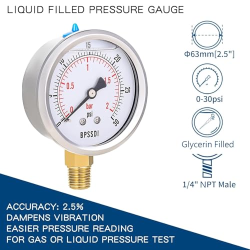 BPSSDI 0-30 Psi Glycerin Liquid Filled Low Pressure Gauge, 2.5" Dial Size, 1/4" NPT Lower Mount, 304 Stainless Steel Case, for Water Pipe, HVAC, Water Oil Air Pressure Test - Image 2