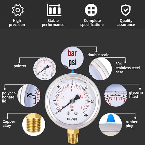 BPSSDI 0-30 Psi Glycerin Liquid Filled Low Pressure Gauge, 2.5" Dial Size, 1/4" NPT Lower Mount, 304 Stainless Steel Case, for Water Pipe, HVAC, Water Oil Air Pressure Test - Image 3