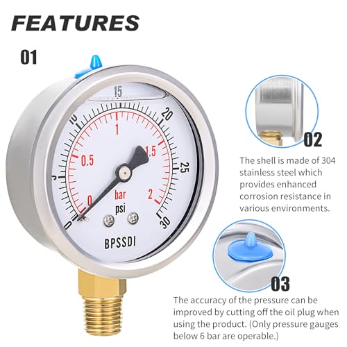 BPSSDI 0-30 Psi Glycerin Liquid Filled Low Pressure Gauge, 2.5" Dial Size, 1/4" NPT Lower Mount, 304 Stainless Steel Case, for Water Pipe, HVAC, Water Oil Air Pressure Test - Image 4