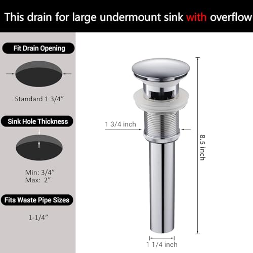Yodel Faucet Bathroom Sink Drain with Overflow - Big Cap for Standard 1 3/4" Drain Opening - Pop Up Drain,Chrome,YDPOP-6 - Image 5