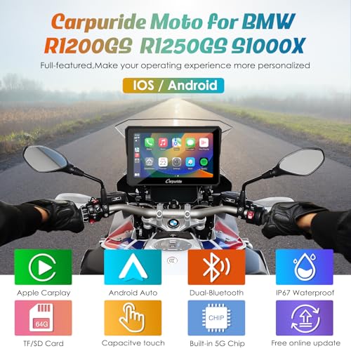 Carpuride W702B Motorcycle Carplay Screen for BMW R1200GS R1250GS S1000XR Motorcycle, 7 inch Waterproof Touchscreen, Portable Carplay/Android Auto GPS Navigation for Motorbike, Dual Bluetooth - Image 2