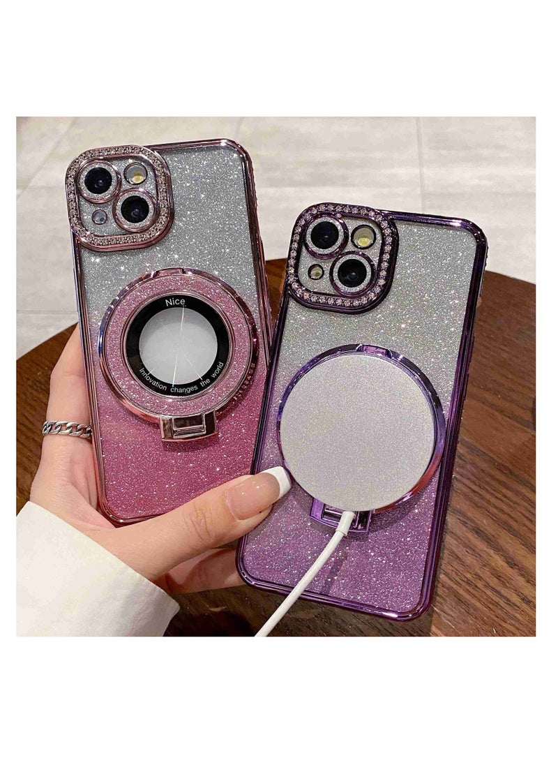 iPhone 11 Gradient Glitter Diamond Plated Holder Magsafe Phone Case(blue)