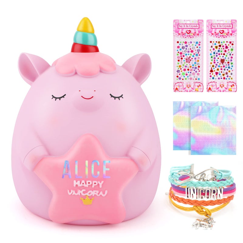 TCJJ Piggy Banks For Kids Unicorn Money Box For GirlMoney Box For Kids 2 Alphabet  2 Rhinestone Stickers  Unicorn Bracelet SetGirls Unicorn Gifts For BirthdayChristmas