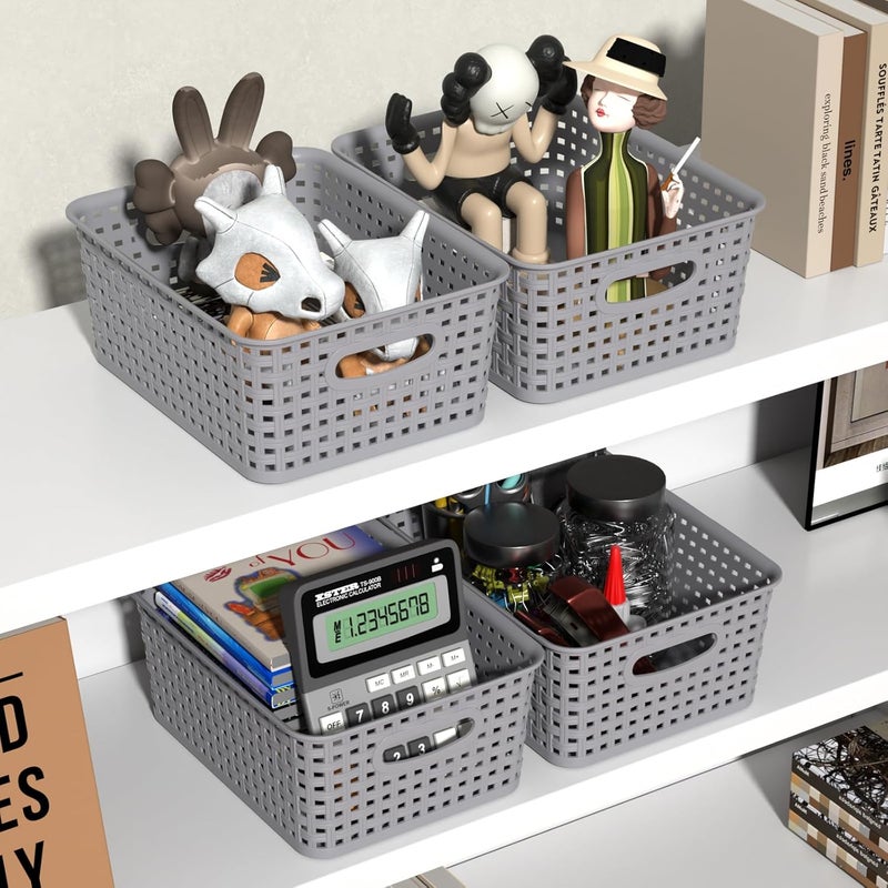 Udotry Grey Plastic Rattan Storage Basket, Small Plastic Weave Basket - Image 5