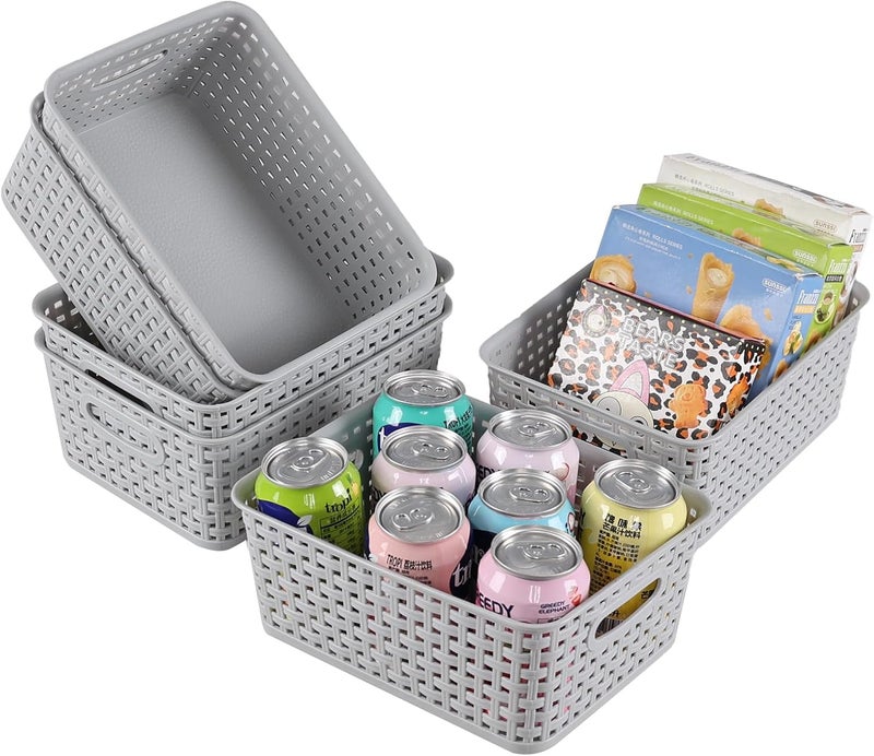 Udotry Grey Plastic Rattan Storage Basket, Small Plastic Weave Basket - Image 1