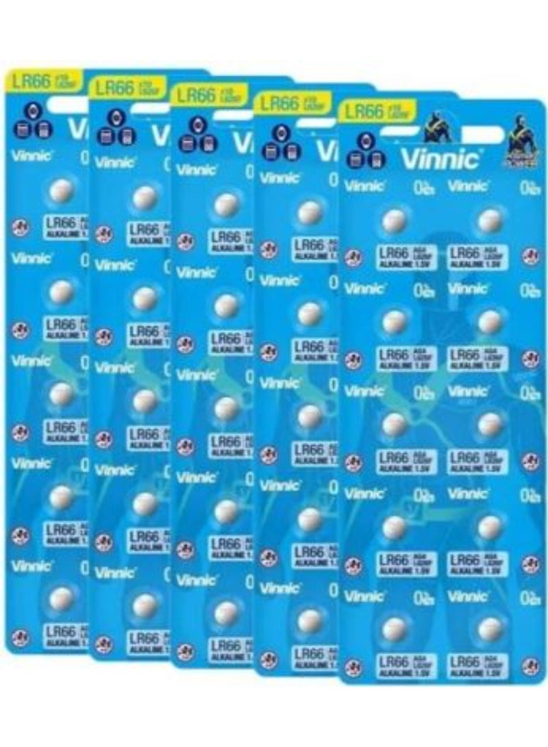 50 بطارية قلوية Vinnic AG4 (L626F) (LR66) بجهد 1.5 فولت وخالية من الزئبق (0% Hg)