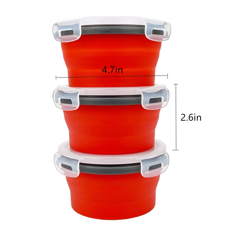 CCyanzi 3piece Round Collapsible Bowl with Lids  Silicone Food Storage Containers  Microwave & Freezer Safe  Space Saving for Kitchen Cabinet and Camping Backpack (Red Gray) - Image 3
