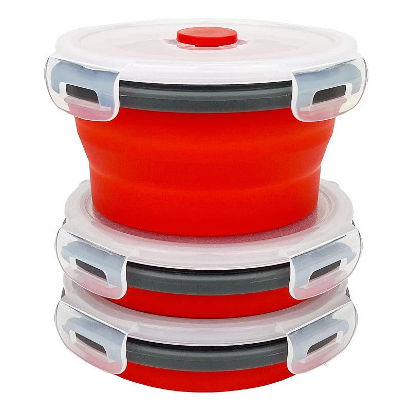 CCyanzi 3piece Round Collapsible Bowl with Lids  Silicone Food Storage Containers  Microwave & Freezer Safe  Space Saving for Kitchen Cabinet and Camping Backpack (Red Gray) - Image 1