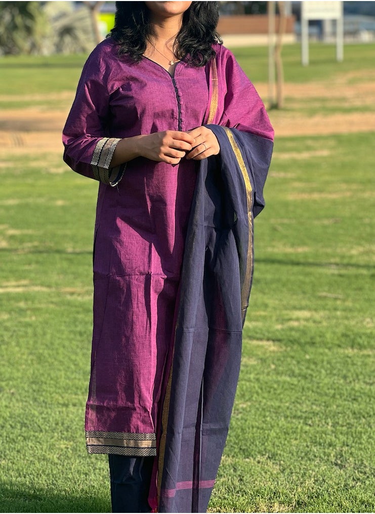 IndHeritage - IndHeritage -  Eid kurti set collection - Premium cotton 3pc kurti set / salwar set - Purple colour women's 3pc kurti / kurta set with kasavu prints - Indian Kurti Set IDH00166 - Image 1