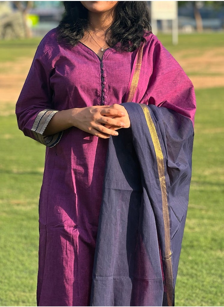 IndHeritage - IndHeritage -  Eid kurti set collection - Premium cotton 3pc kurti set / salwar set - Purple colour women's 3pc kurti / kurta set with kasavu prints - Indian Kurti Set IDH00166 - Image 1