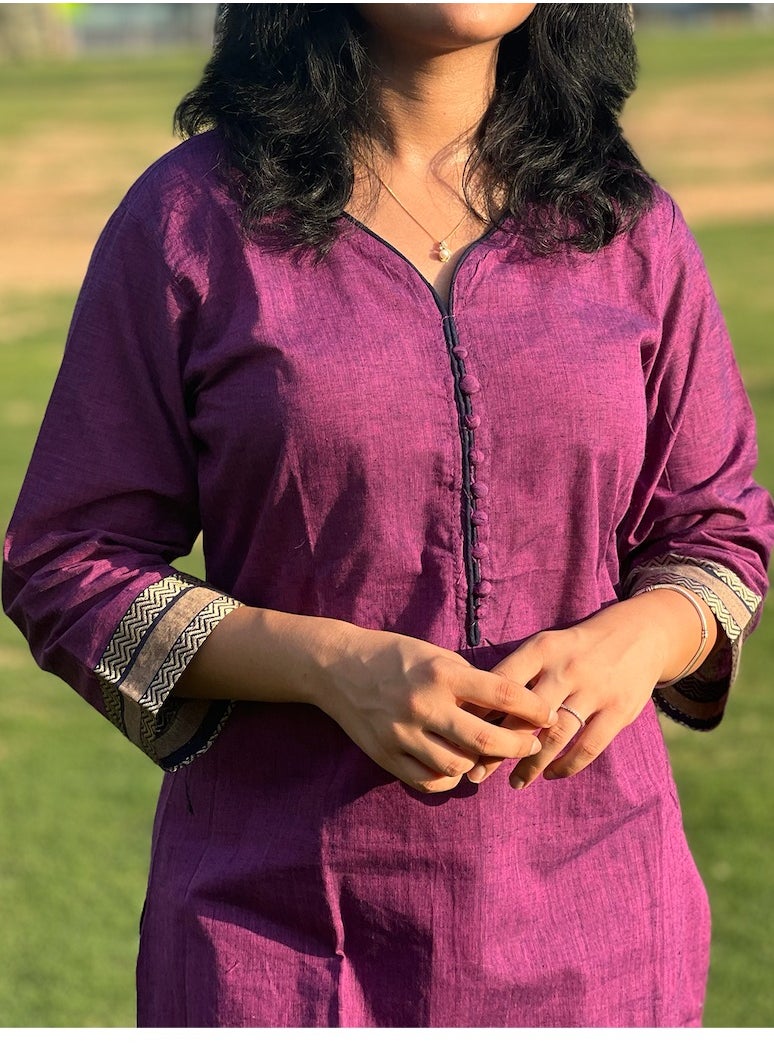 IndHeritage - IndHeritage -  Eid kurti set collection - Premium cotton 3pc kurti set / salwar set - Purple colour women's 3pc kurti / kurta set with kasavu prints - Indian Kurti Set IDH00166 - Image 1